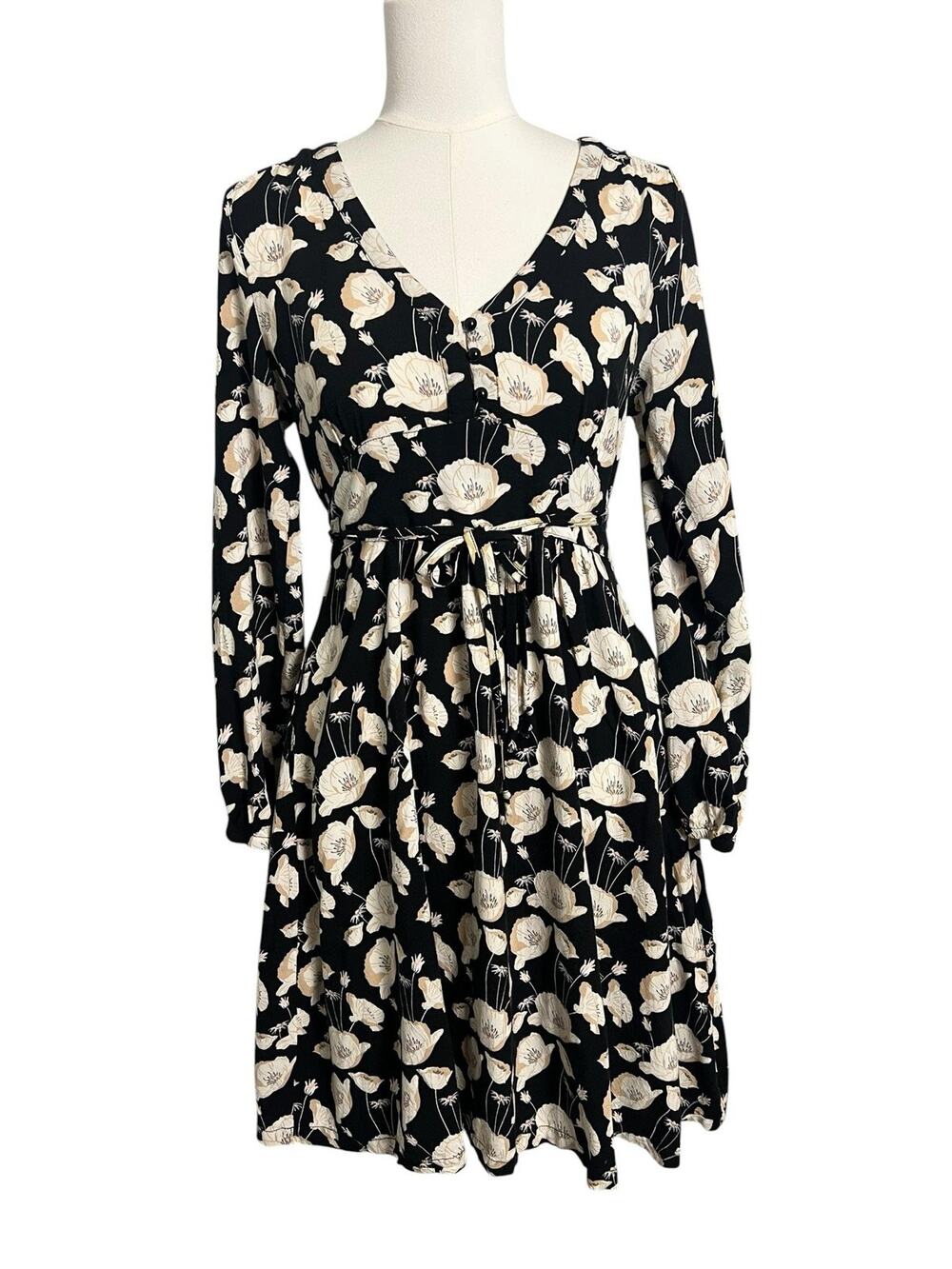 Frock Shop Black Floral Tie Waist Midi Dress Medium Long Sleeve Boho Cottagecore